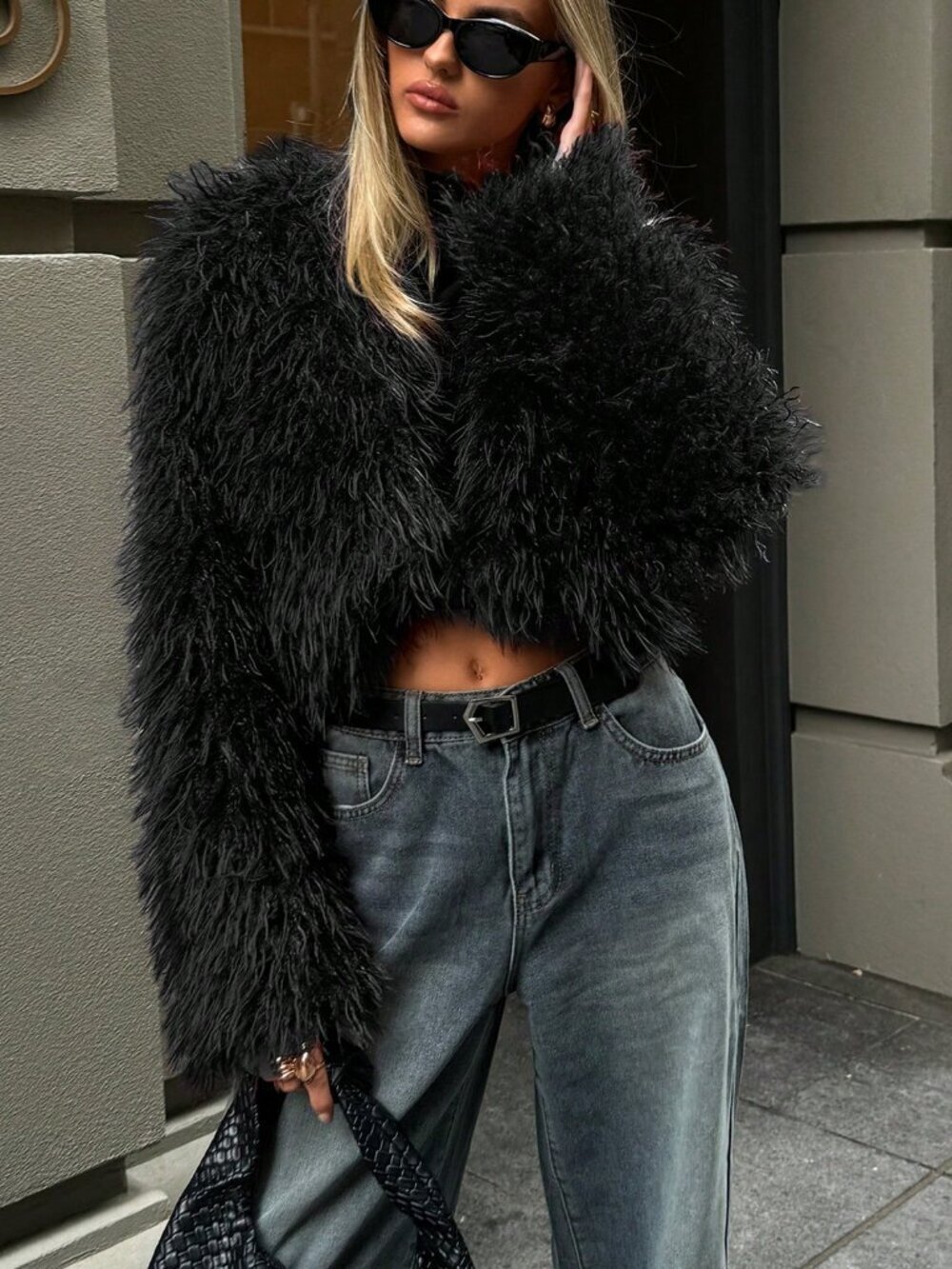 Black Casual Women's Sexy Short Faux Fur teddy Coat jacket